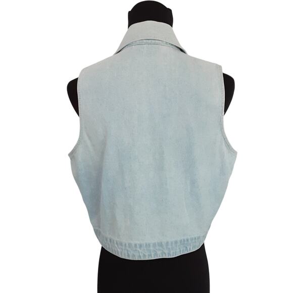Vintage 90s Gilet Denim Vest Chest Pocket Waistcoat Cropped Zip Front Womens L - Picture 4 of 10